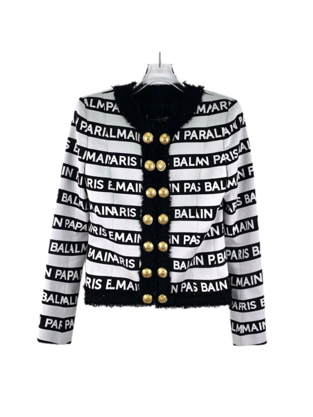 Balmain White Striped Logo Print Double-Breasted Cotton Jacket - Picture 1 of 7